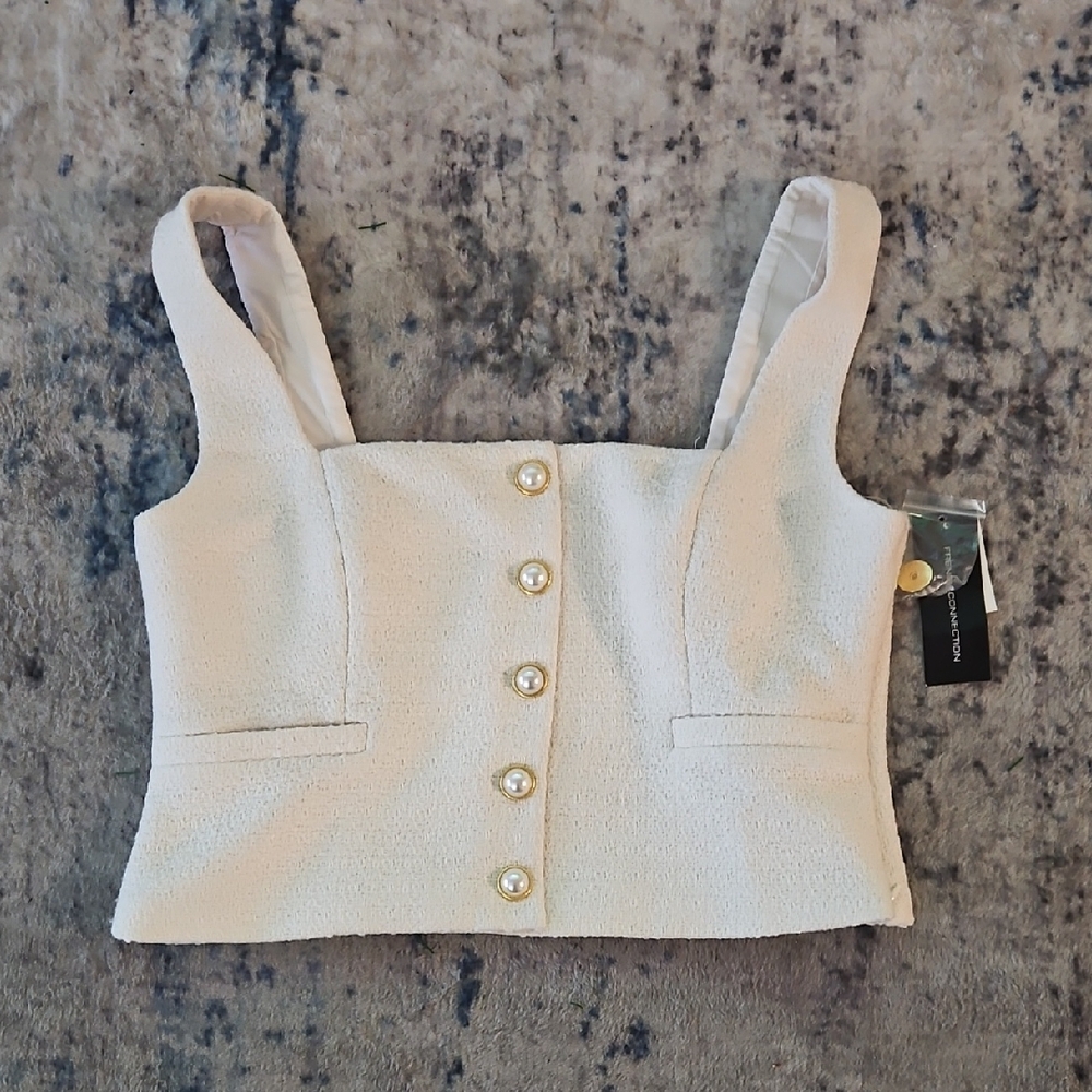 French Connection Ivory Pearl Button Crop Top